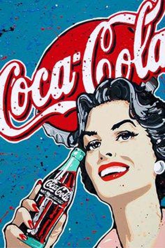 a painting of a woman holding a coca - cola bottle in front of her face