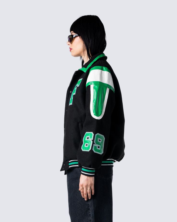 Captain of the bad b*tches 😘 Lead your team in style with this black and green varsity jacket Black Long Sleeve Outerwear For Game Day, Casual Black Outerwear For Game Day, Black Varsity Jacket For Game Day In Winter, Black Varsity Jacket For Game Day In Fall, Black Winter Varsity Jacket For Game Day, Black Casual Varsity Jacket For Game Day, Casual Black Varsity Jacket For Game Day, Black Outerwear For Game Day, Varsity Track Jacket With Baseball Collar For Streetwear