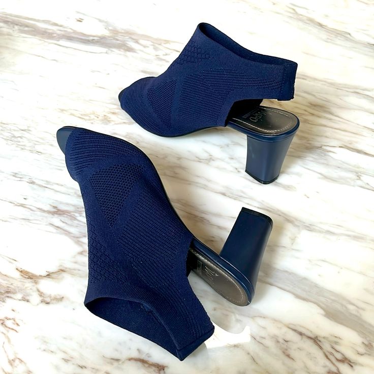 Comfy And Stylish Navy Knit Block Heels With Open Toe, Size 11 Navy Block Heels, Knitting Blocking, Bow High Heels, Size 11 Women Shoes, Black Pumps Heels, Size 11 Heels, Slingback Shoes, White Heels, Slingback Heel