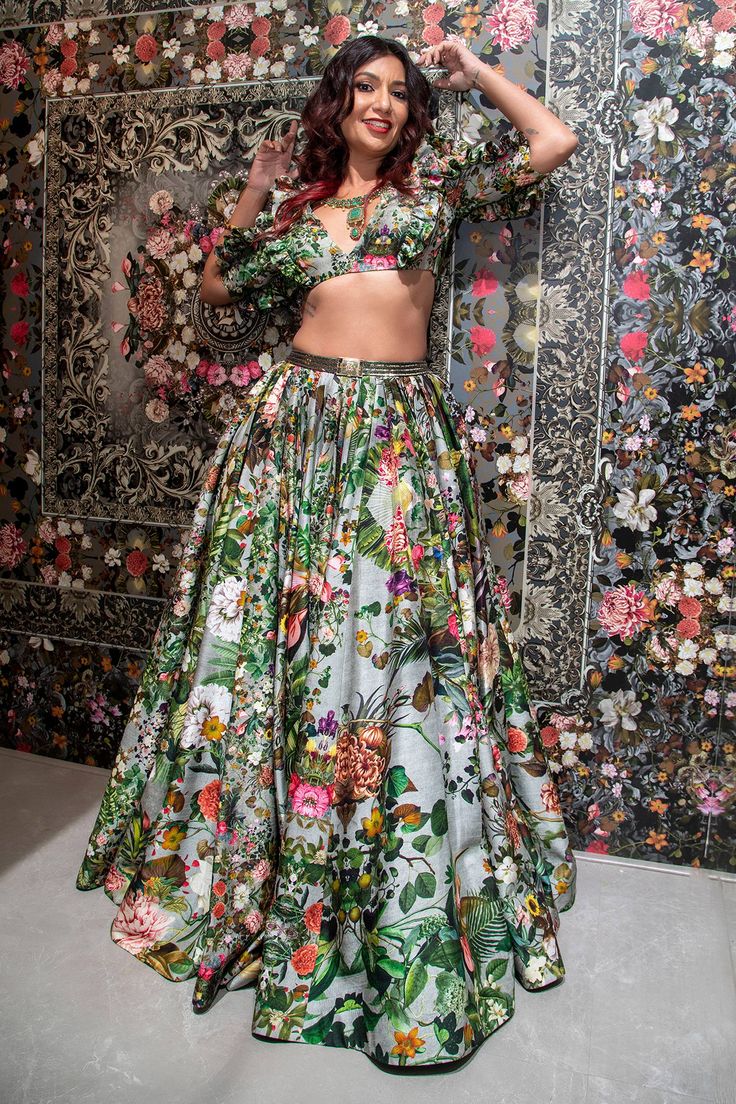 Multicolor bustier with floral print, ruffle sleeves. Paired with lehenga.
Component: 2
Pattern: Printed
Type Of Work: Floral
Neckline: V Neck
Sleeve Type: Ruffle sleeves
Fabric: Raw Silk
Color: Multi Color
Other Details: 
Signature attached belt on waistband
Closure: Back zipper
Occasion: Destination Wedding - Aza Fashions Neck Ruffle, Ruffle Sleeves, Raw Silk, Star Print, Set For Women, Aza Fashion, Silk Printing, Sleeve Type, Lehenga