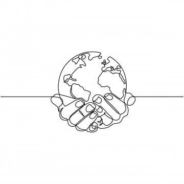 two hands are holding the earth in one continuous line on a white and black background