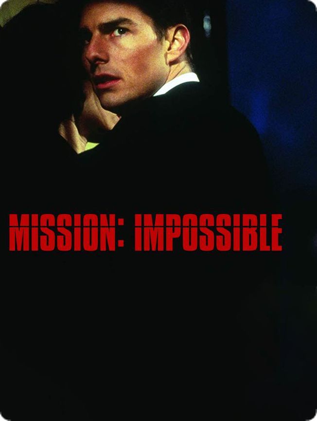 the poster for mission impossible is shown in red and black with a man's face