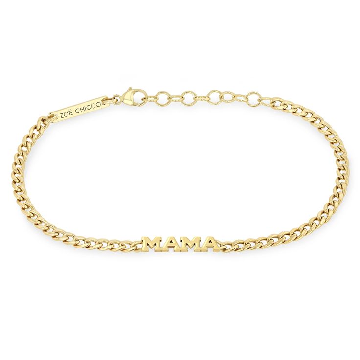 Celebrate love and motherhood with the charming Tiny Gold MAMA Bracelet. Available in 14K Yellow Gold Chain length = 6"-7" adjustable Letters = 3.5mm tall MAMA = 16mm across Mama Bracelet, Curb Chain Bracelet, Yellow Gold Chain, Itty Bitty, Curb Chain, Bracelet Sizes, Semi Precious Gemstones, Pave Diamonds, Diamond White