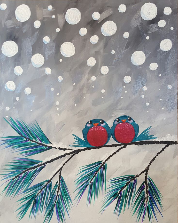 two birds are sitting on a pine branch in front of snow flakes and bubbles