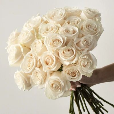 a person holding a bouquet of white roses