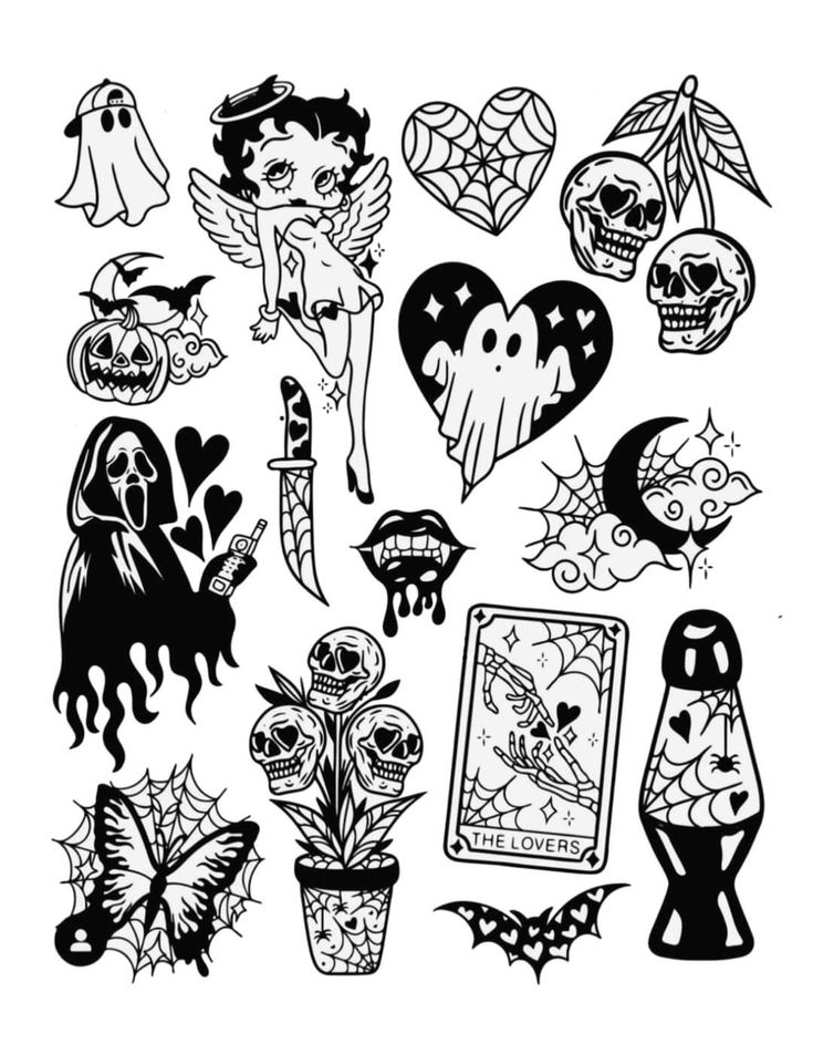 black and white halloween cliparts with lots of skulls, bats, pumpkins