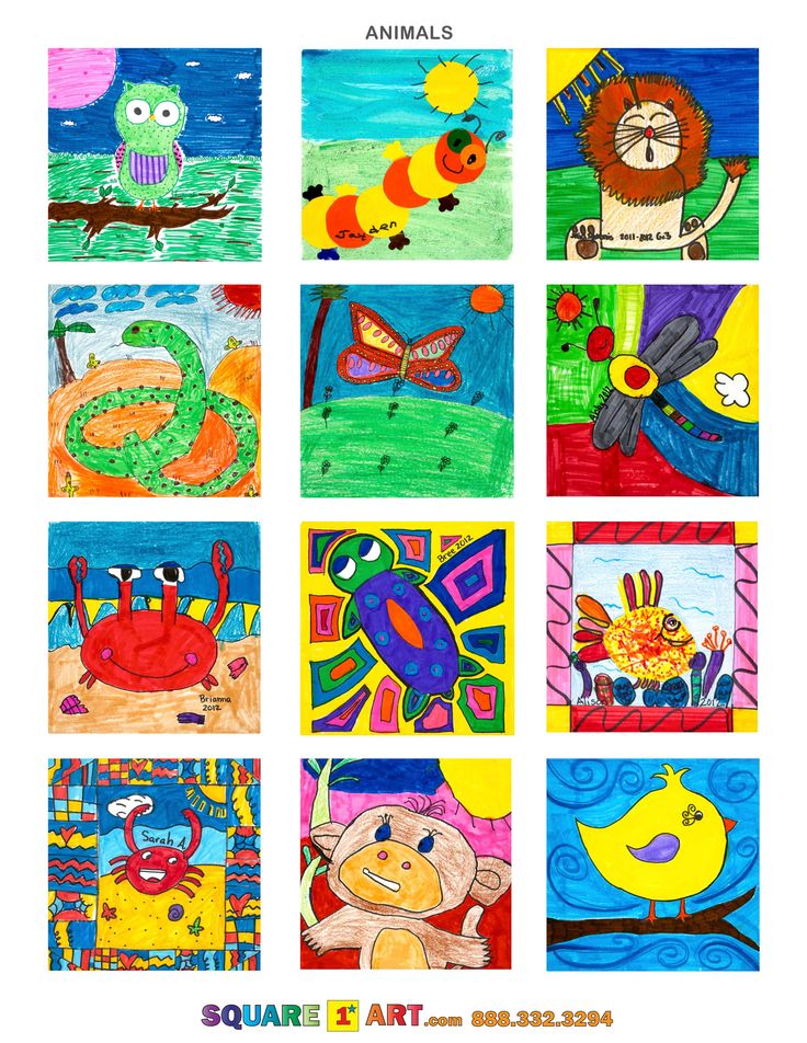 an image of children's art with animals and birds on them in different colors