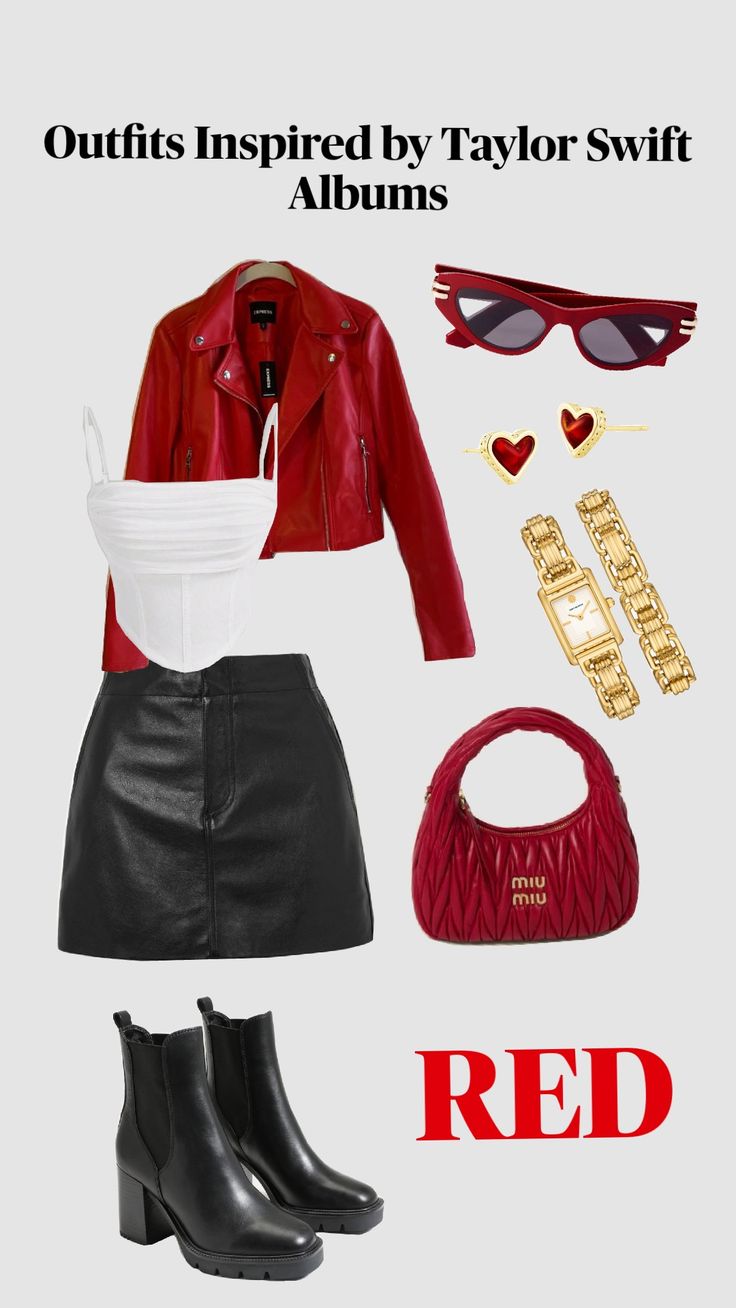 a red jacket, white top and black leather skirt are featured in this fashion ad