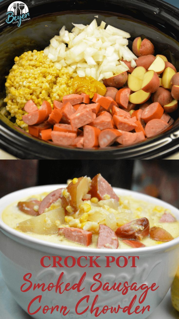 the crock pot smoked sausage corn chowee is ready to be served in the slow cooker