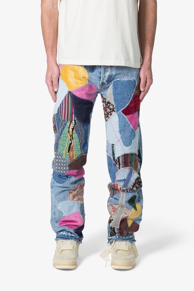 V647 Baggy Patchwork Denim - Blue/Multi Blue Cotton Patchwork Jeans, Blue Patchwork Cotton Jeans, Multicolor Patched Cotton Jeans, Blue Patchwork Relaxed Fit Jeans, Multicolor Patchwork Denim Bottoms, Casual Bottoms In Recycled Denim With Collage Stitching, Casual Recycled Denim Bottoms With Collage Stitching, Spring Patchwork Jeans In Recycled Denim, Spring Patchwork Recycled Denim Jeans