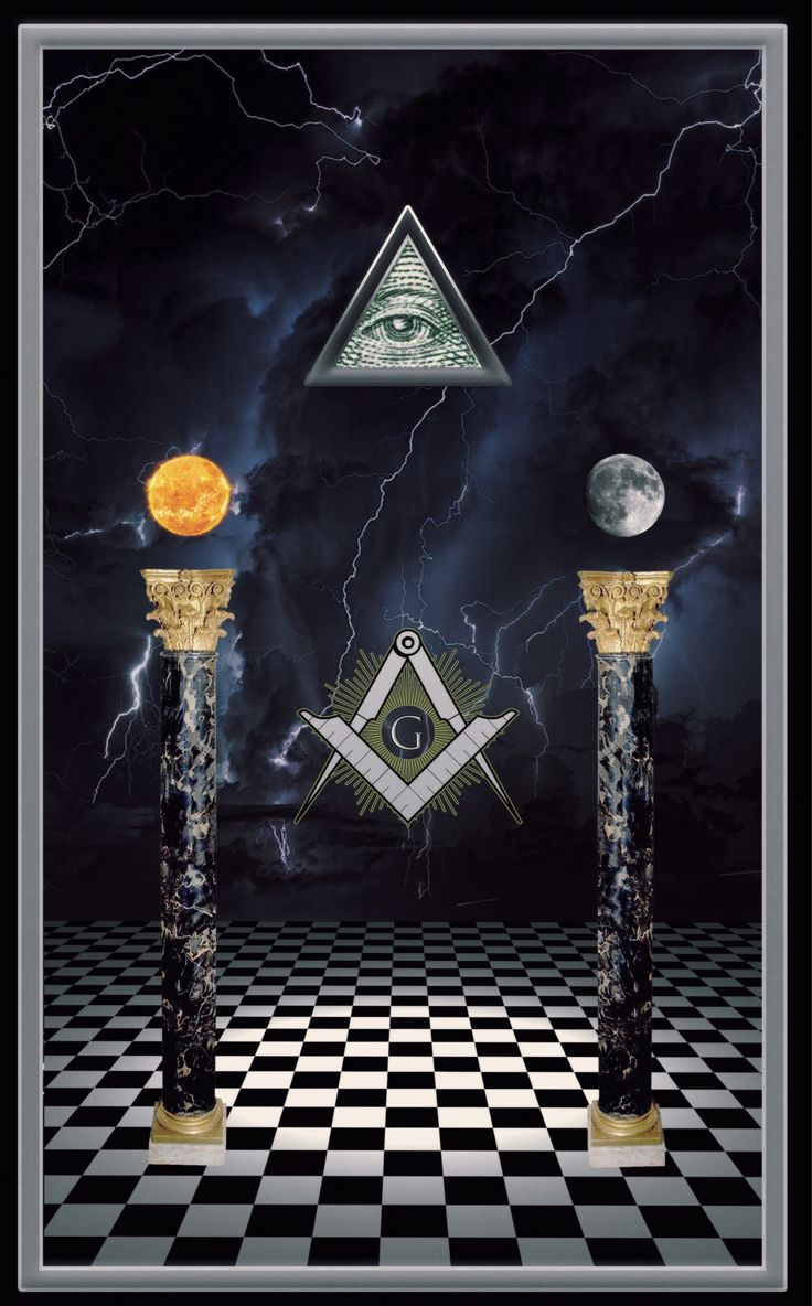 an image of the masonic symbol in front of some lightnings and other symbols on a black and white checkered floor