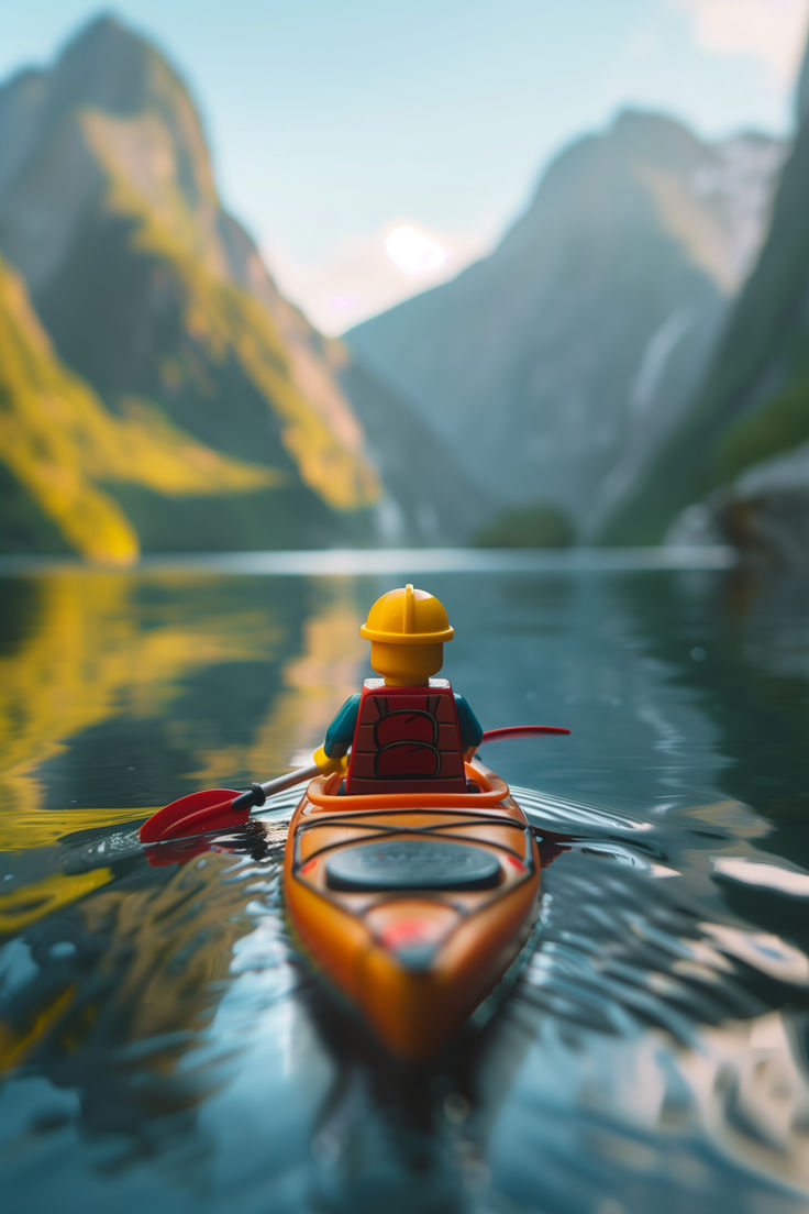 a lego man in a kayak on the water with mountains in the back ground