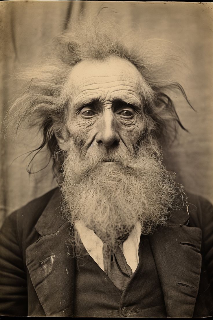 an old man with long hair and beard wearing a suit