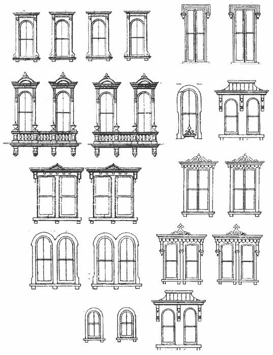 several windows and balconies are shown in black ink on a white paper background