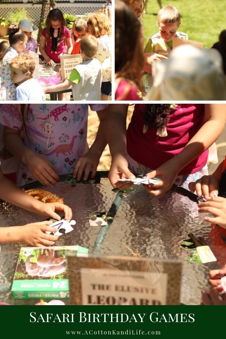 children are gathered around a table to play with cards and scissors at a birthday party