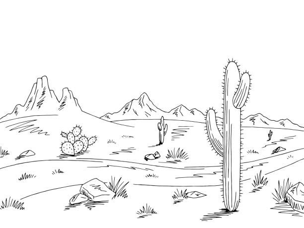 a black and white drawing of a desert landscape with cactus trees, rocks and mountains