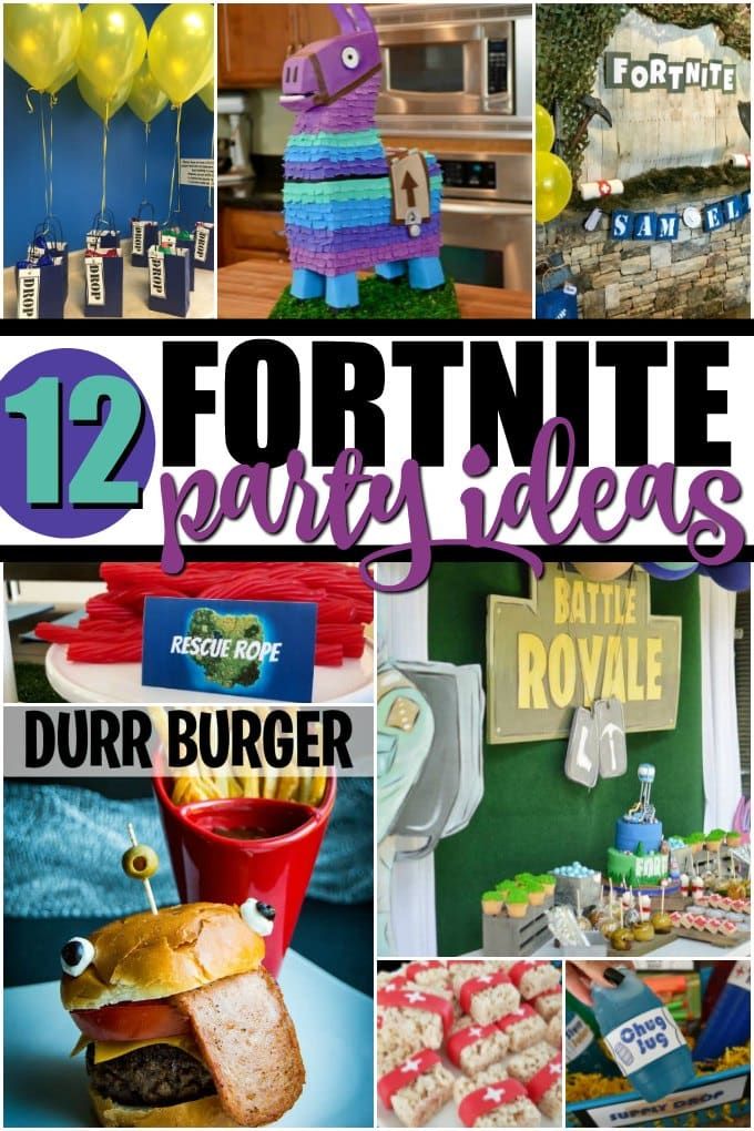 several different pictures with the words fortnite party ideas on them, including food and decorations