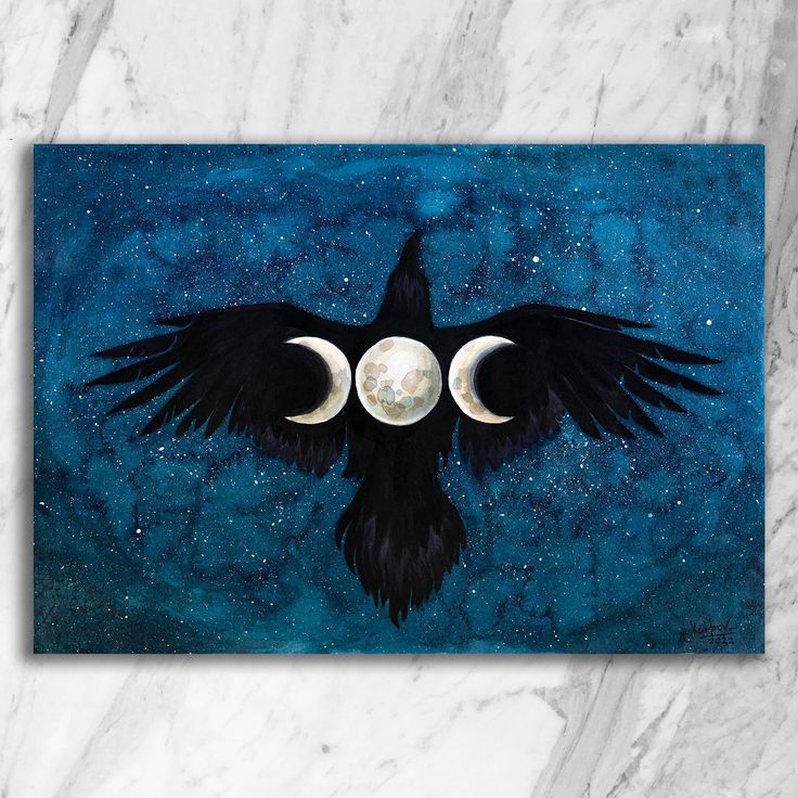 a painting of two black birds with the moon in the sky and stars behind them