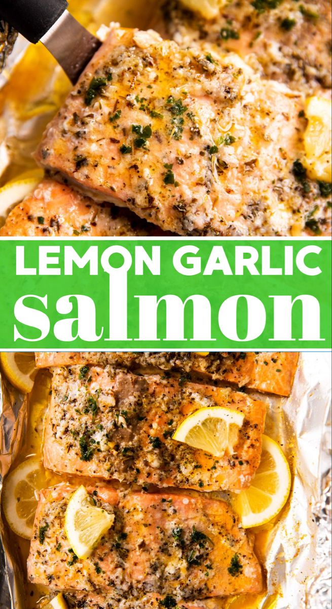 lemon garlic salmon on foil with text overlay