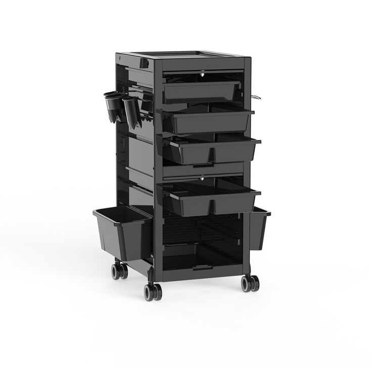 a stack of black drawers on wheels with one drawer open and the other closed, in front of a white background