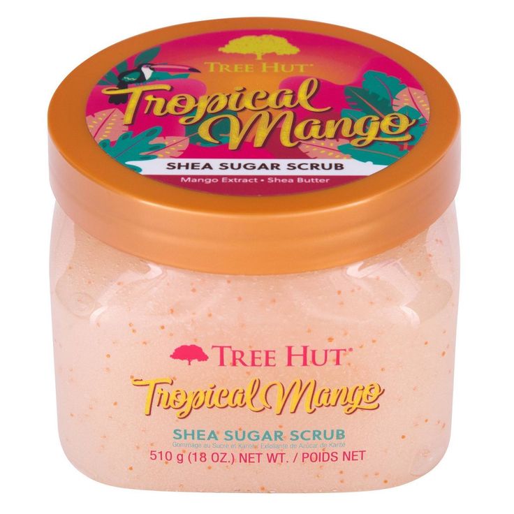 Tree Hut Tropical Mango, Tropical Mango Tree Hut, Shower Cart, Mango Body Scrub, Mango Products, Tree Hut Body Scrub, Tropical Scents, Shea Sugar Scrub, Mango Puree