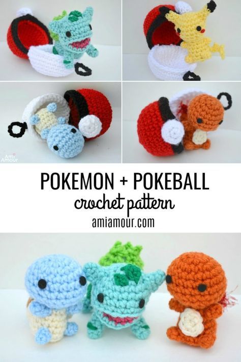 crocheted pokemon and pokeball amigurt pattern is shown in four different colors