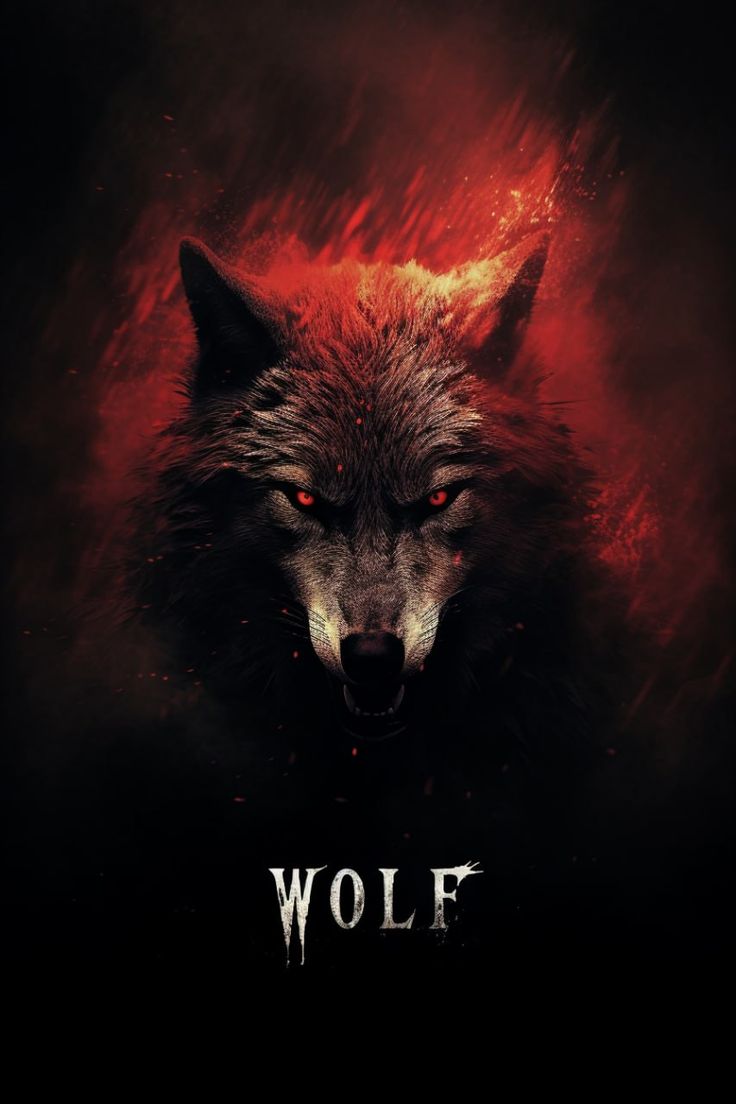 a wolf with red eyes and the word wolf on it's face in front of a black background