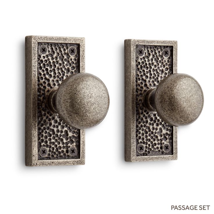 two metal knobs on the side of a door with an animal print pattern and one is