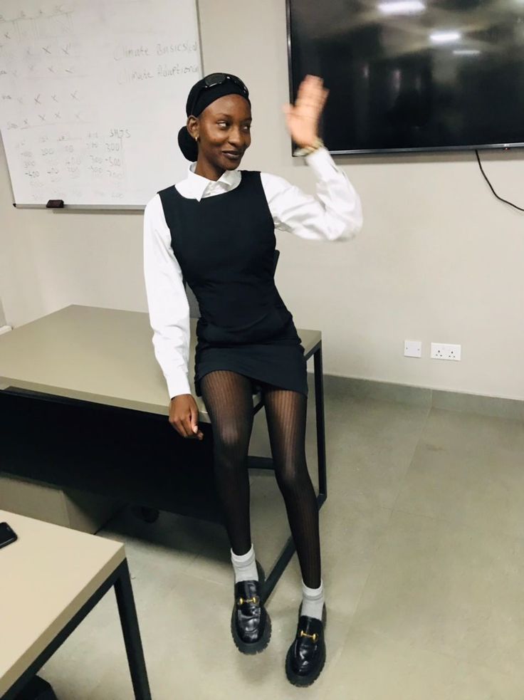 Black short dress 
 Chucky Loafers 
Pretty black girl Loafers Outfit Black Women, Loafers For Women Outfit Dress, Dress And Loafers Outfit, University Ootd, Loafers Outfit Work, Platform Loafers Outfit, Loafer Outfits Women, Uk Outfits, Loafers For Women Outfit