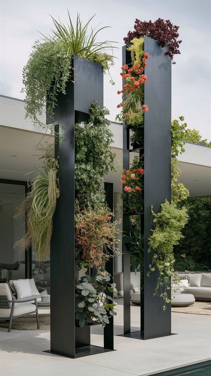 three tall black metal sculptures with plants growing on them and in the middle, near a swimming pool