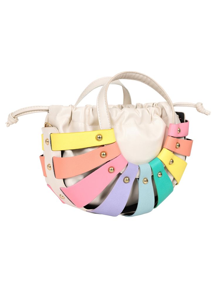 Our Dreamy Rainbow Stripe Bag is just so fun! It’s a colourful style made from PU, featuring pastel coloured tabs which contrast against it’s white body. It’s a bucket bag style that fastens via drawings. It has a matching top handle and includes a removable shoulder strap. Measurements: Length 23cm ,Width 31 cm ,Depth 7 cm ,Strap 132 cm Fabric: 100% Pu , Lining Polyester Cream Bucket Bag With Handle Drop, Spring Bucket Shoulder Bag With Handle Drop, Playful White Bags For Spring, Modern Multicolor Spring Bags, Playful Multicolor Spring Bags, White Bucket Bag With Detachable Strap Satchel, White Bucket Shoulder Bag With Handles, White Bucket Bag With Double Handle And Handle Drop, White Top Handle Bucket Bag With Detachable Strap