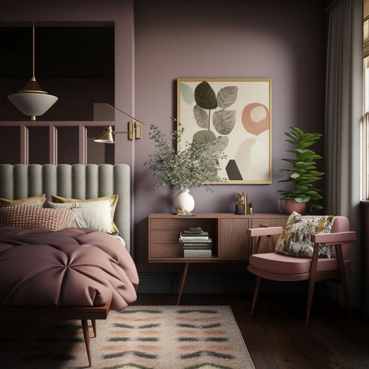 a bed room with a neatly made bed next to a window and a plant in a vase