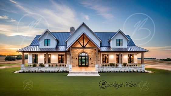 this is an image of a beautiful house in the country style with stone and metal roofing