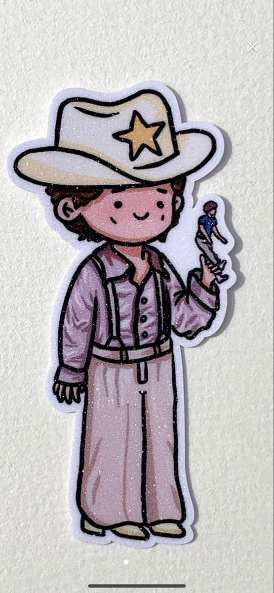 a sticker with a drawing of a man in a cowboy hat holding a toy