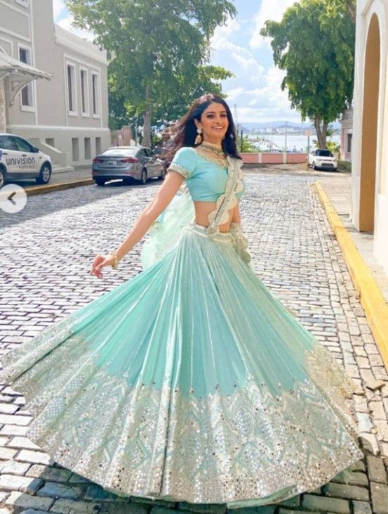 Floral Chiffon Lehenga, Hindi Traditional Dress, Pastel Color Dresses Indian, Prom Lengha, Turquoise Lengha, Hindi Outfit, Pastel Lengha, Aesthetic Lehenga, Blue Indian Dress