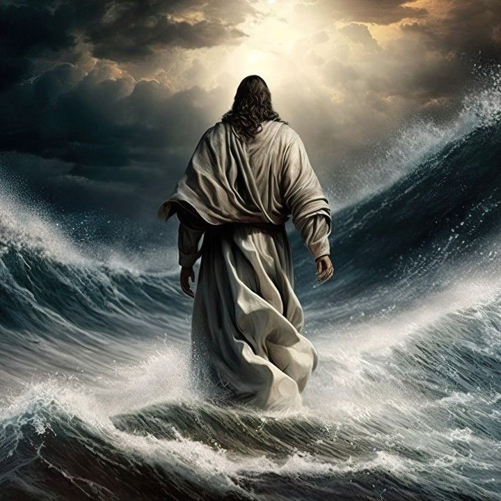 jesus walking through the water with his arms outstretched in front of an ocean wave and cloudy sky