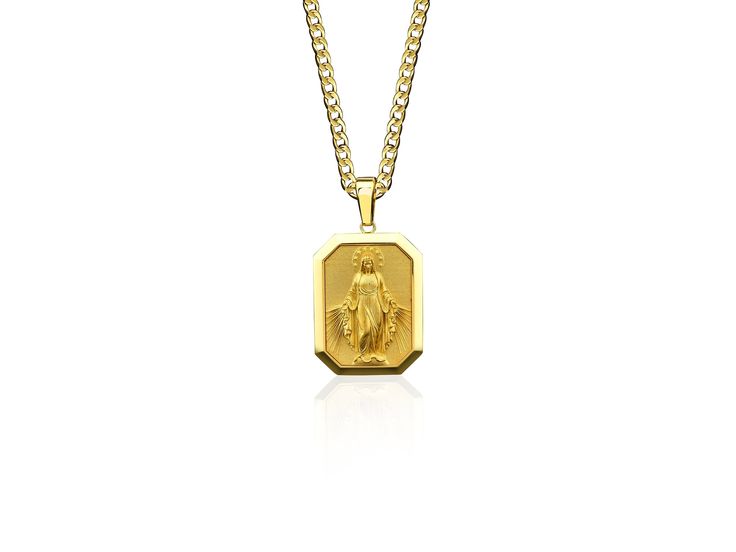 Your gold Miraculous Virgin Mary Medallion is stylish and pretty ideal for everyday use. Engraving details of the handmade gold necklace are very detailed and eye-catching. This meaningful necklace with high-quality handwork will be a legacy you can leave to your family with its quality ★Item Details * Material : 10K & 14K & 18K Gold * Chain Model: 3,75mm Gold Cuban Chain * Pendant Weight : 10K = 08.20 Grams 14K = 09.90 Grams 18K = 11.40 Grams * Chain Weight : 14K = 08-12 Grams * Pendant Diamete 14k Gold Necklace With Miraculous Medal, 14k Yellow Gold Necklace With Miraculous Medal, 14k Yellow Gold Miraculous Medal Necklace, Gold Medallion With Virgin Mary, 14k Gold Pendant With Miraculous Medal, Gold Virgin Mary Medallion, Virgin Mary Pendant Jewelry Gift, Gold Cuban Chain, Handmade Gold Necklace