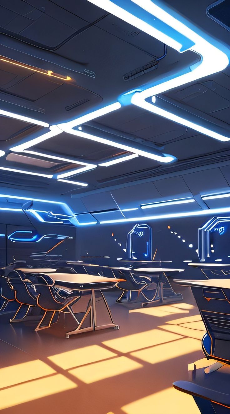 a room with several tables and chairs in it, all lit up by neon lights