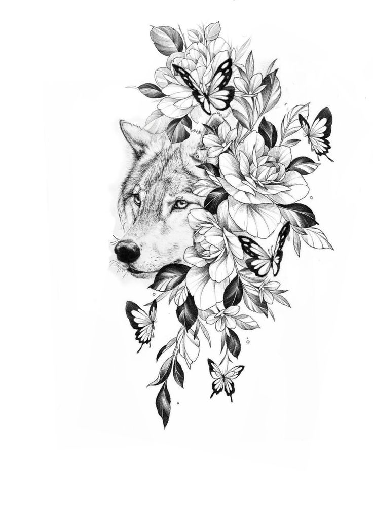 a black and white drawing of a wolf with flowers on it's head, surrounded by butterflies