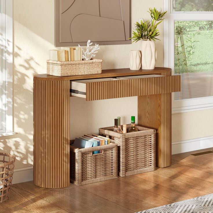 a wooden table with baskets on top of it