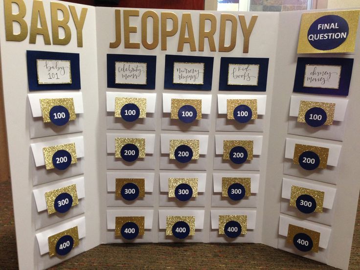 a baby shower board with gold and blue decorations on it's sides, along with the numbers for each guest