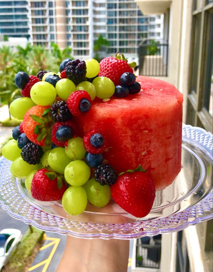 Watermelon cake. Beautiful fresh watermelon cut into round shape. Topped with fresh seasonal berries and fruits such as strawberries, grapes, blueberries, raspberries and blackberries. #watermelon #watermelons #watermeloncake #cake #glutenfree #glutenfreecake #healthycake #vegancake #fruitcake #fruits Watermelon Fruit Cake, Perfect Watermelon, Fruit Cakes, Watermelon Cake, Watermelon Fruit, Fresh Fruits, Order Form, Perfect Cake, Fruit Cake