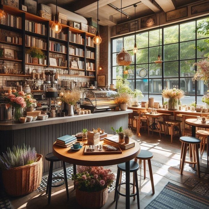 the interior of a restaurant with lots of tables and chairs in front of large windows