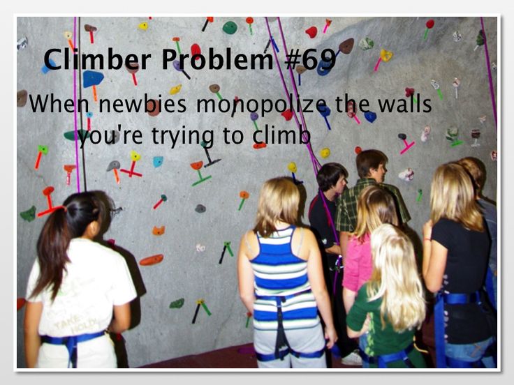 children looking at climbing wall with text describing climb problem 69 when newbies monopolize the walls you're trying to climb