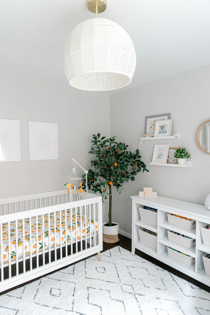 a baby's room with a white crib and orange trees in the corner