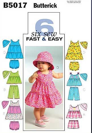 Infants Top, Dress, Panties, Shorts, Trousers and Hat. Butterick Sewing Pattern No. 5017. NB-S-M-L.From the '6 Sew Fast & Easy' range.Pullover top and dress have back neck openings, and machine stitched hems. Tops A,C: applique trim. Top and Trousers B: rick rack trim. Top C: ribbon trim. Dress D,E: ruffle. Dress and panties E: contrast lower section and contrast panties. Shorts, trousers, and panties have casing and elastic waist. Panties have casing and elastic leg. Hat is self-faced. Summer Sewing Patterns, Sundress Pattern, Hat Patterns To Sew, Sewing Dress, Sewing Patterns Girls, Baby Dress Patterns, Baby Top, Girl Dress Patterns