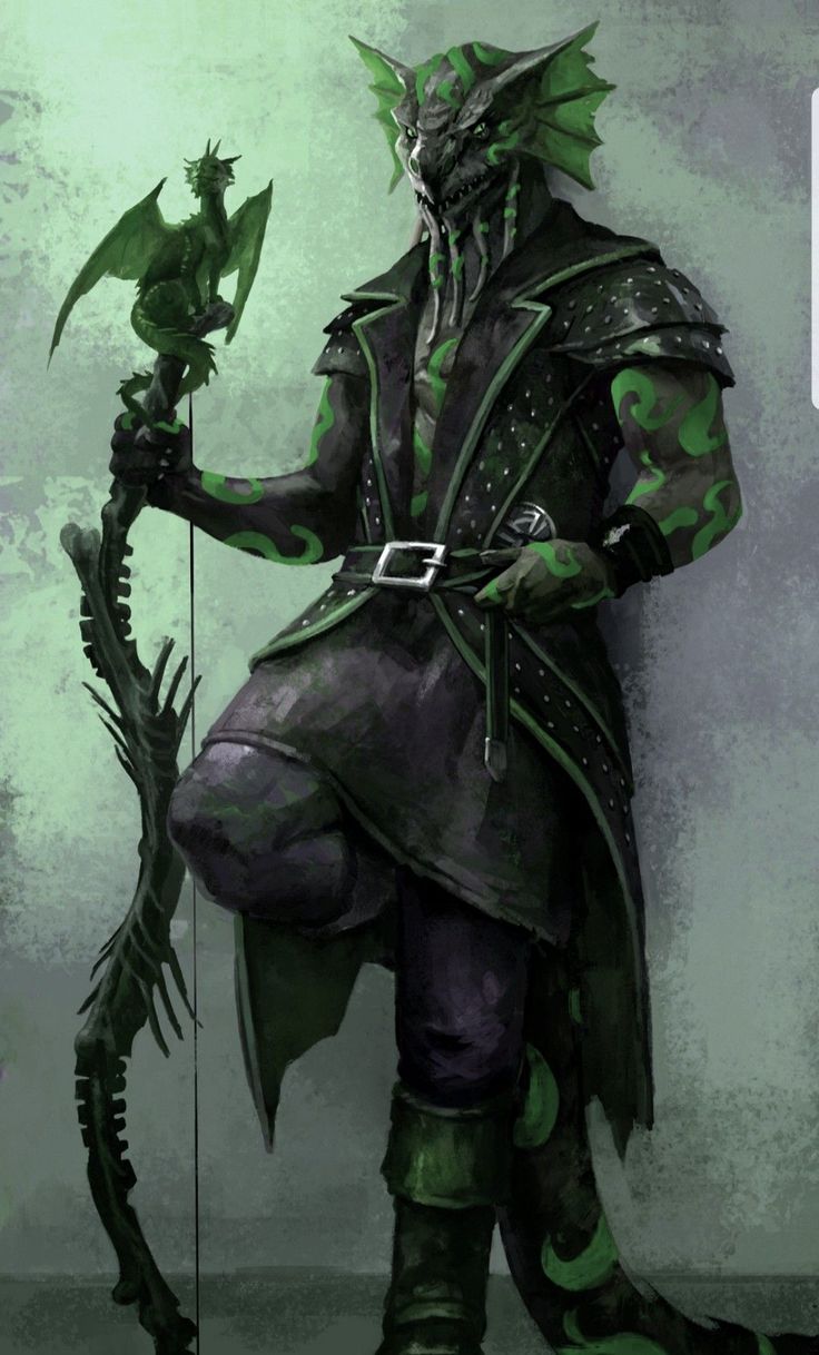 a man dressed in green and black holding a stick with an animal like creature on it