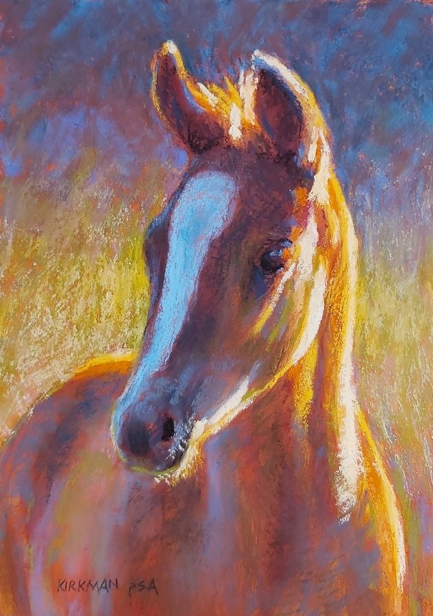 an oil painting of a horse in pastel colors on a yellow and blue background