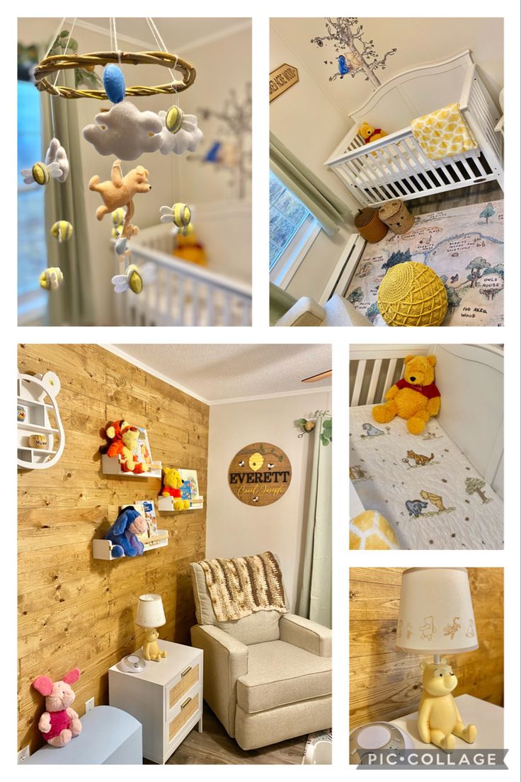 a collage of photos with baby cribs and toys