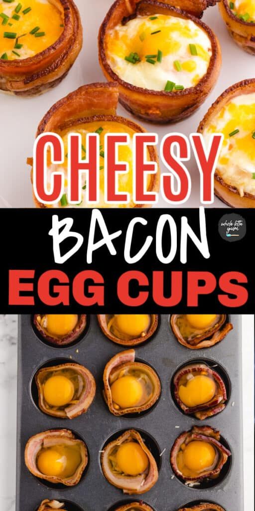 bacon egg cups on a baking sheet with text overlay